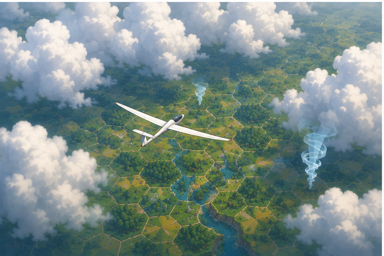 A stylised glider cruising below clouds over a hex map